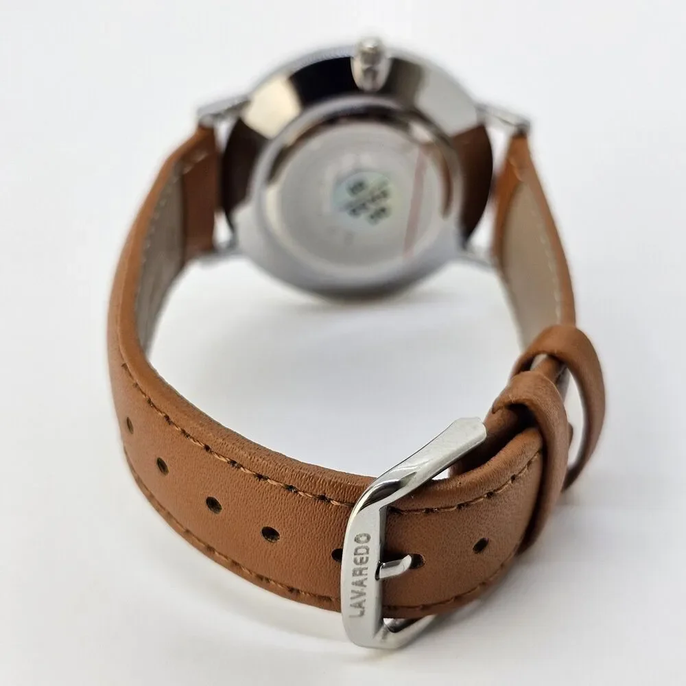 Men's Watch Minimalist 40MM Gray Case Blue Dial Date Light‎ Brown Leather Straps